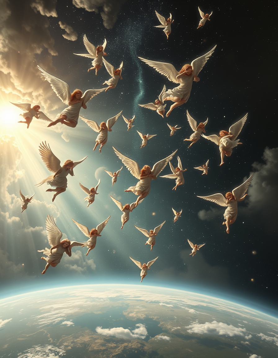 Main painting studio: angels falling downward and crashing down to earth make it look really trippy as they fall down through different celestial realms to earth