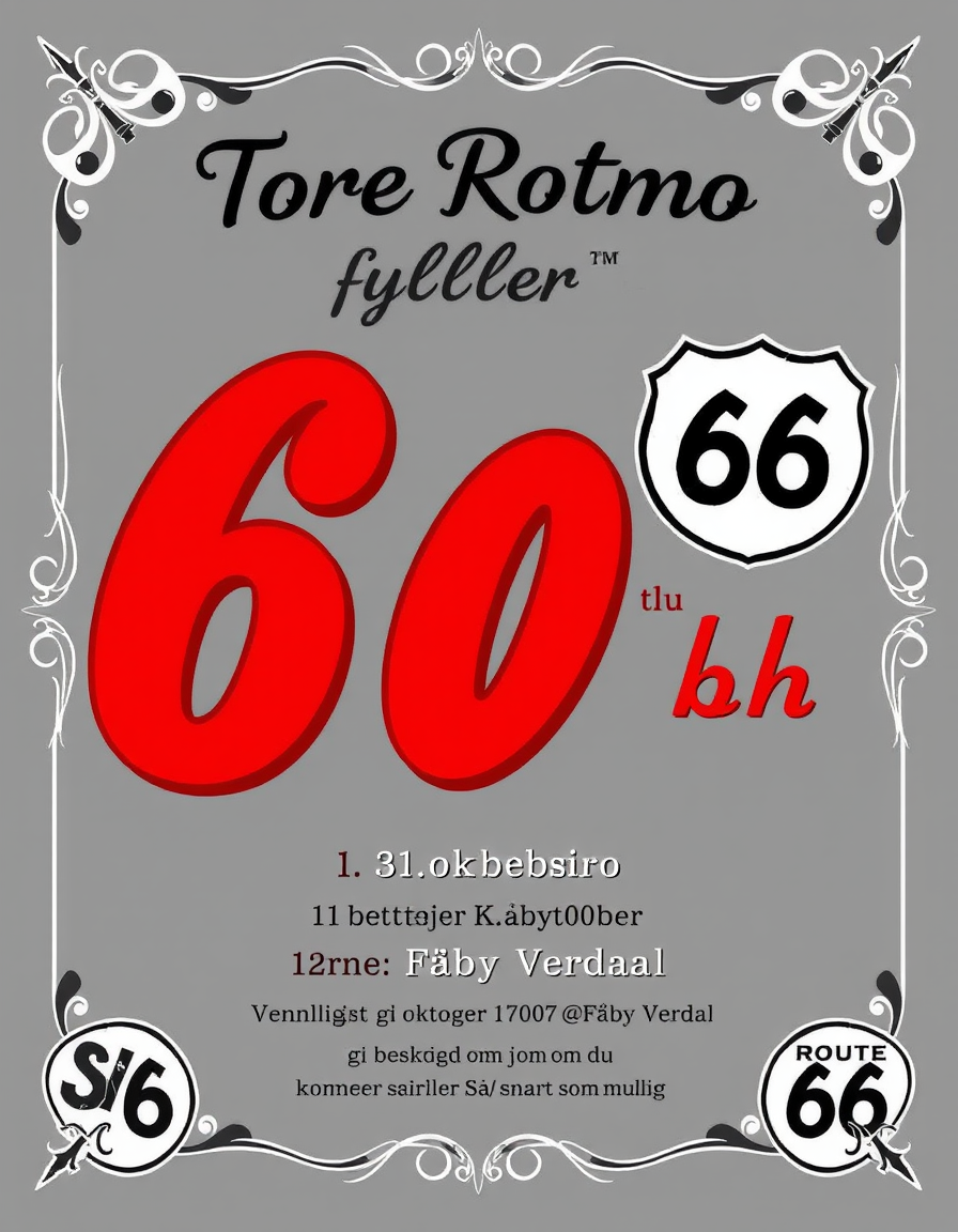 Invitation idea created from the prompt: party invitation design, festive layout, decorative border, space for event details, Language: NORWEGIAN. Text for the invitation: Tore Rotm