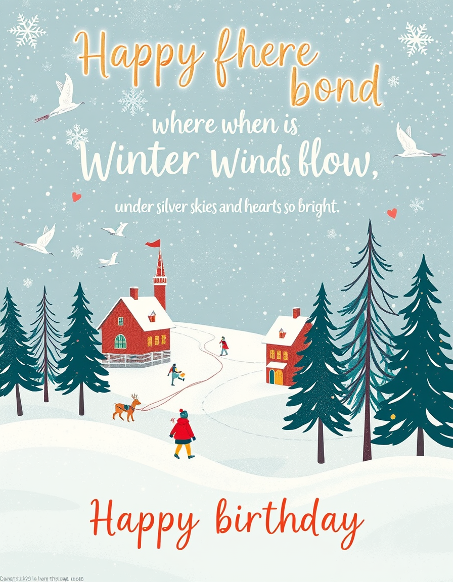 Birthday Cards idea: birthday card design, cheerful festive artwork, space for greeting, She was born where the winter winds blow, under silver skies and fields of snow Sm