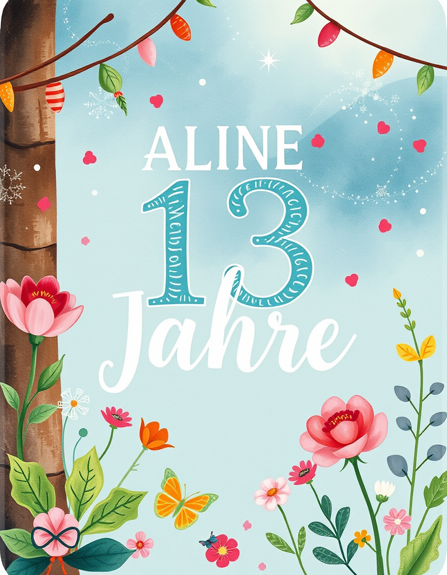 Birthday Cards idea: birthday card design, cheerful festive artwork, space for greeting, Kletterwand in der natur im aquarell styl, Name ALINE 13 JAHRE , printable birthda