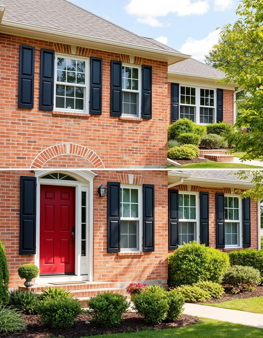 Exterior Paint idea: home exterior paint visualization, preserve architecture and landscaping, recolor siding trim and front door, A brick ranch house with charcoal shutte