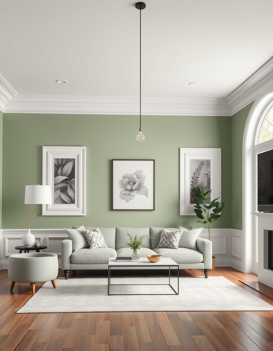 Paint Color idea: room repainted in a new wall color from the photo, accurate paint finish, photorealistic interior render, a living room with walls painted in sage gre