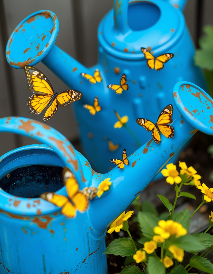 Main painting studio: a watering cans which have blue paint and small golden butterflies