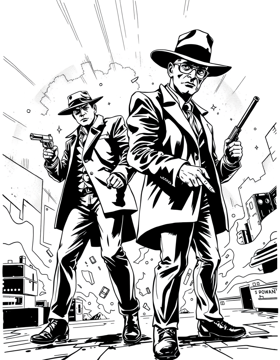 Comic Art idea: comic art, bold ink lines, halftone shading, dynamic composition, Draw a short crime comic featuring detectives , graphic novel illustration, comic pa
