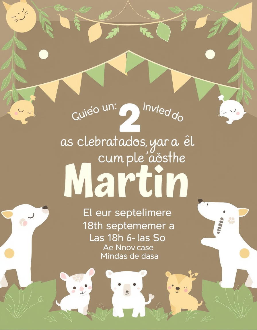 Invitation idea: party invitation design, festive layout, decorative border, space for event details, Quiero una invitación a cumpleaños infantil, con tonos beige,blan