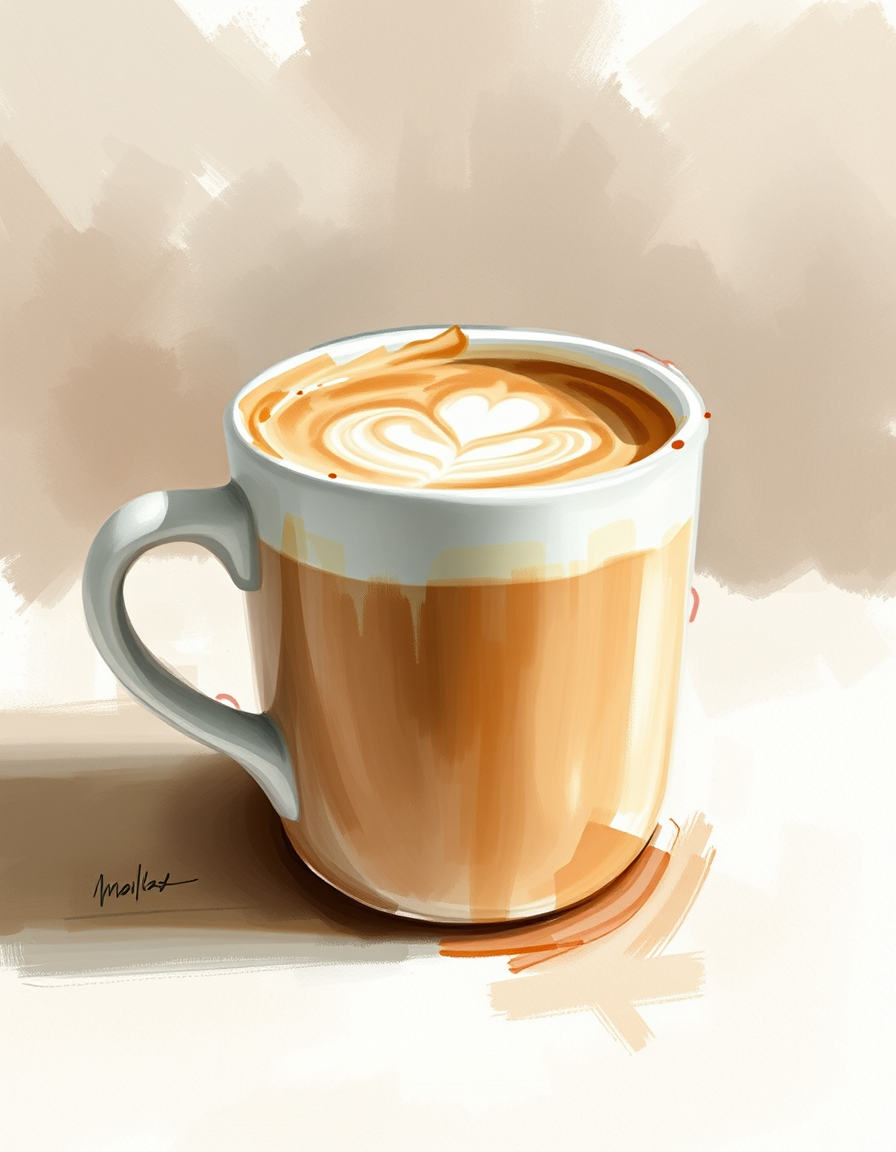 Main painting studio: impressionist Latte Machiatto, mug, loose visible brushstrokes.