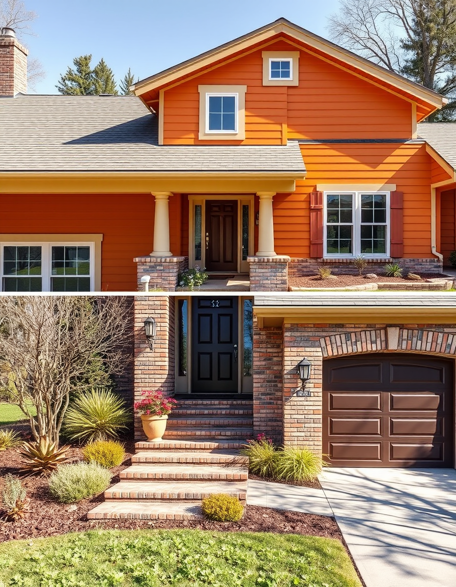 Exterior Paint idea: home exterior paint visualization, preserve architecture and landscaping, recolor siding trim and front door, A sunny orange ranch house with southwes