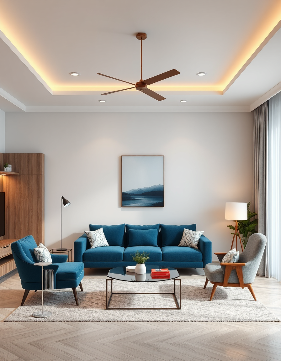Interior Design idea: AI interior design, cohesive furniture layout decor and lighting, photorealistic interior render, غرفة معيشة بطراز "جاباندي" تتميز بأثاث منخفض من خشب