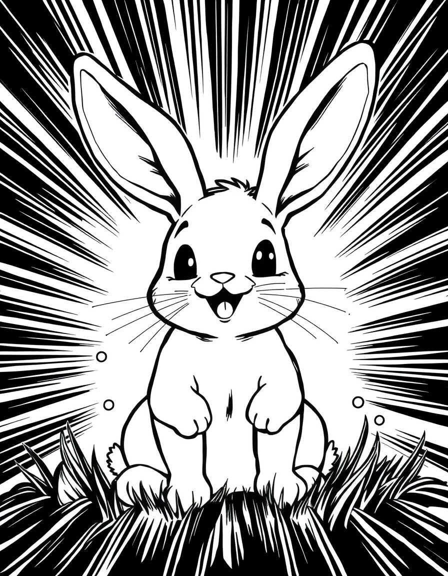 Comic Art idea: comic art, bold ink lines, halftone shading, dynamic composition, cute rabbitt kawaii with floppy ears , graphic novel illustration, comic panel ready