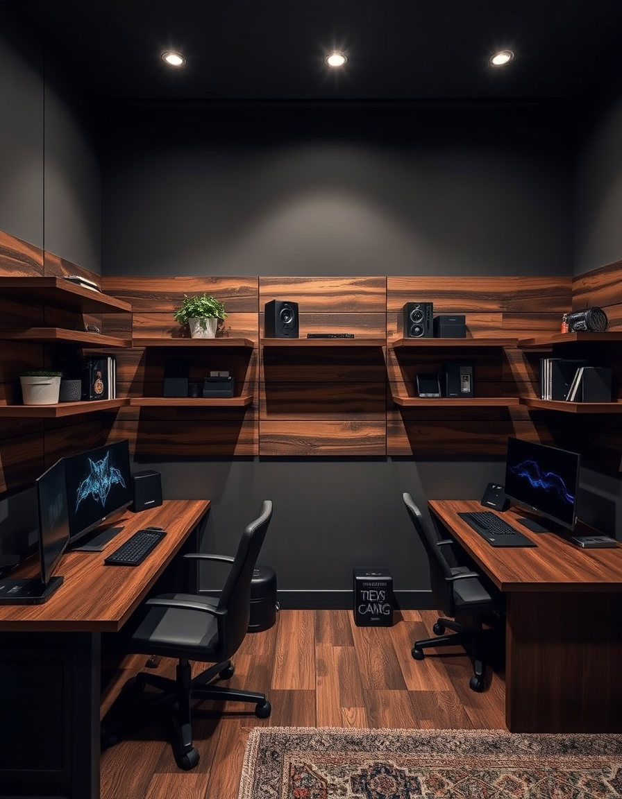 Main painting studio: A moody game room/ office. two desk on opposite walls. above one desk it needs to have three sections of wood paneling that end with floating shelves.