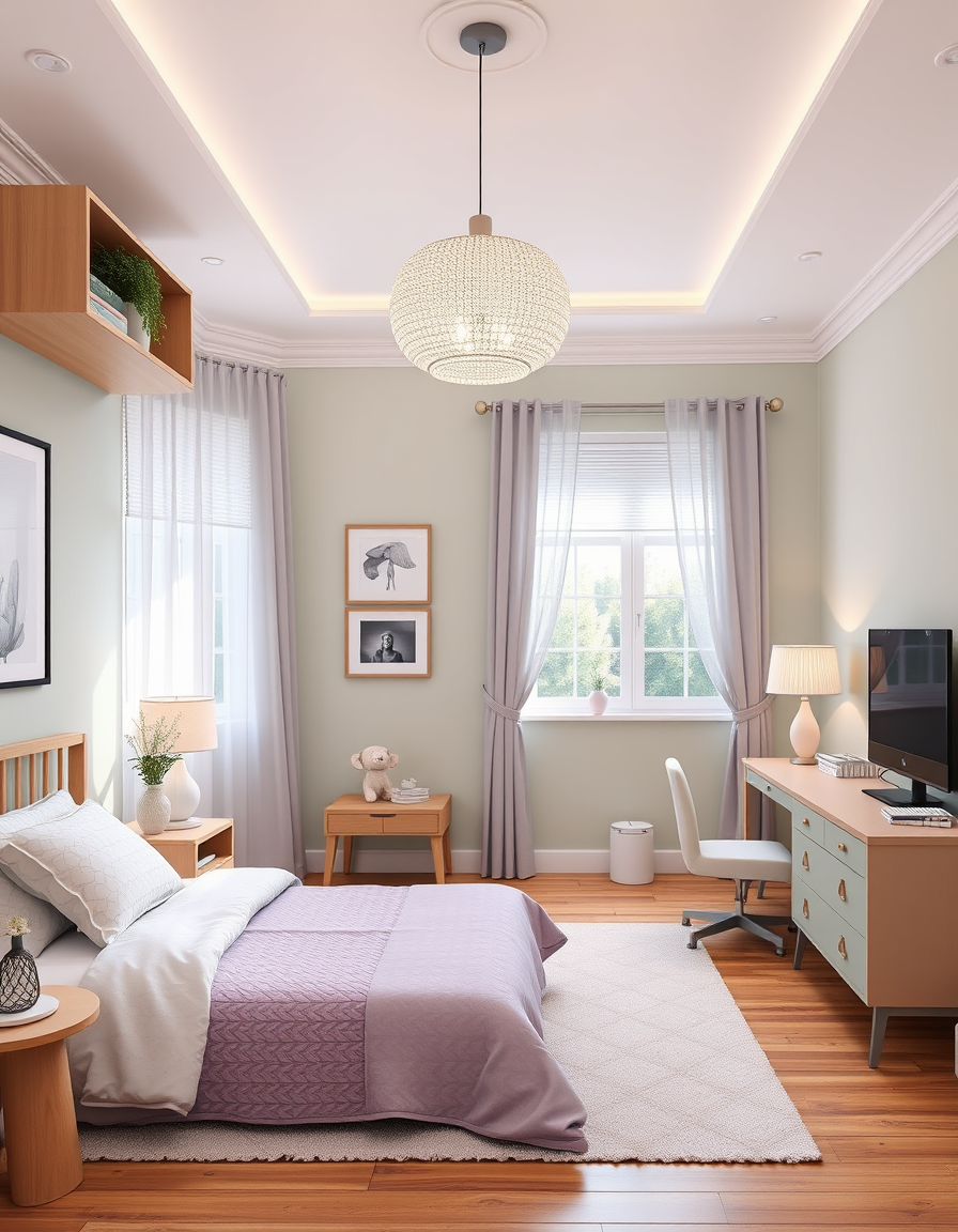 Interior Design idea: AI interior design, cohesive furniture layout decor and lighting, photorealistic interior render, Bedroom teen girl sage green and lavender , interior