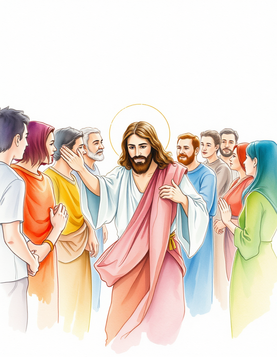 Picture Into Watercolor idea: turn picture into watercolor, transparent washes, paper texture, soft pigment edges, Jesus surrounded by friendly people looking at him , delicate wat