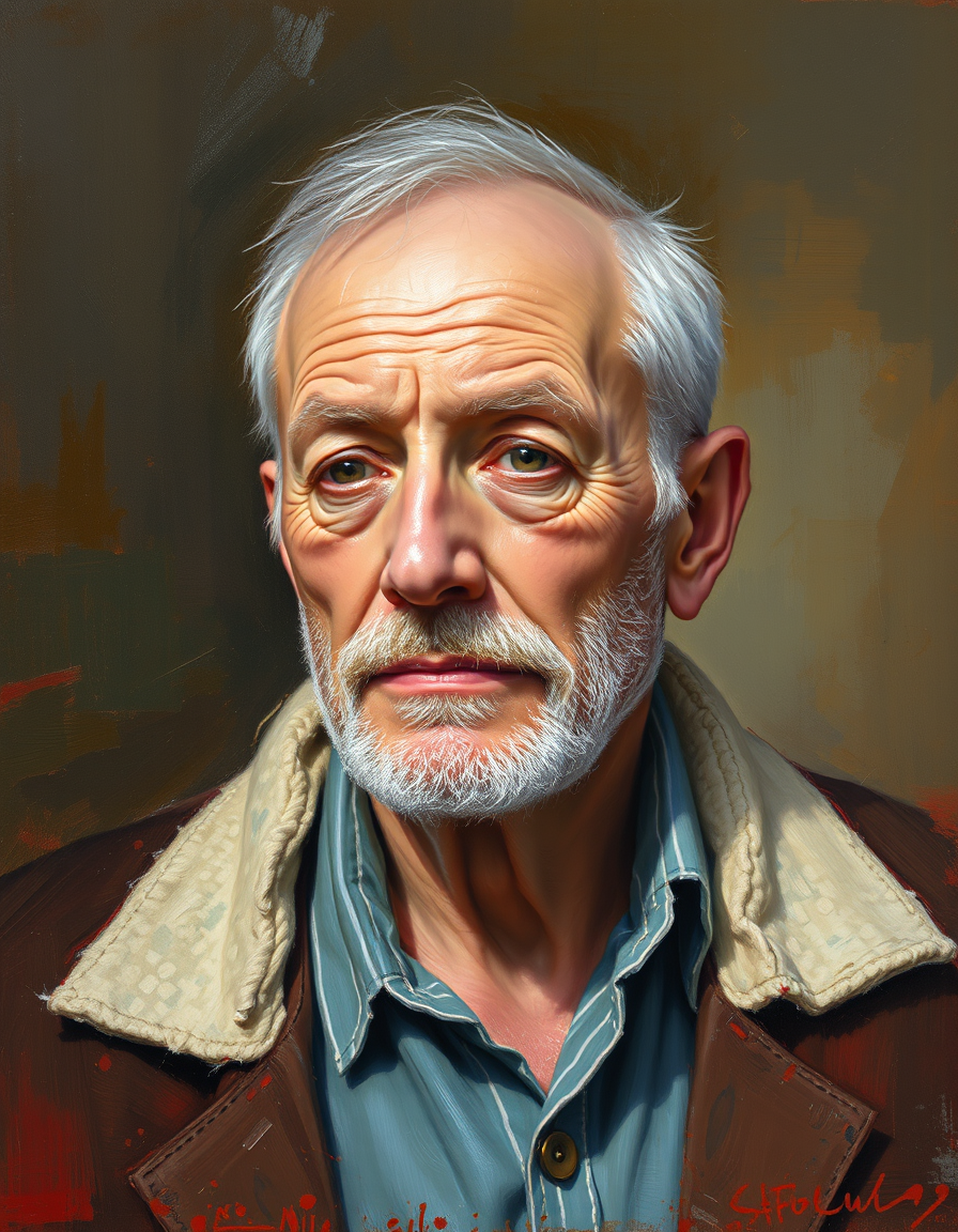 Photo To Paintings idea: painting from the photo, rich brushstrokes, painterly texture, ein Porträt eines älteren Mannes in Ölmalerei mit warmem Helldunkel und dicker Impasto-
