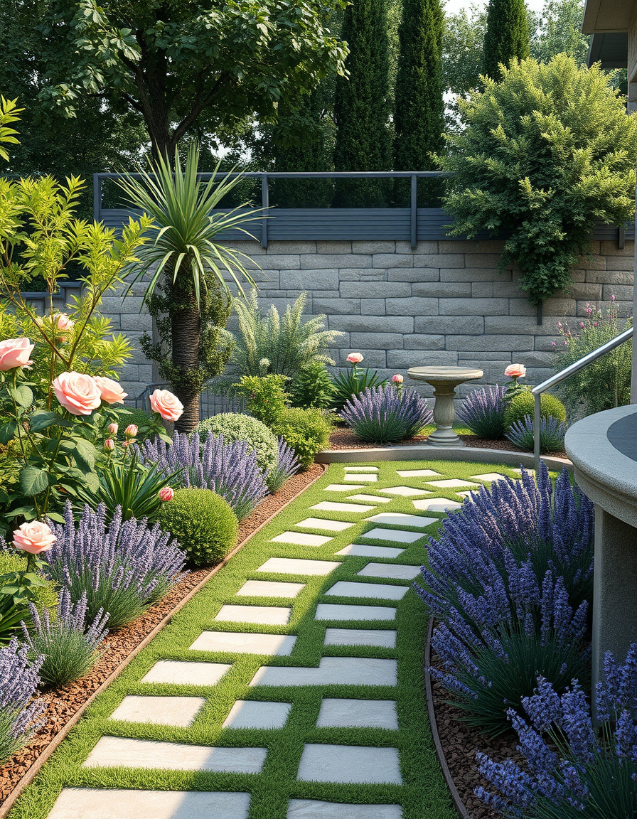 Garden Design idea: AI garden design, lush landscaped yard, plants pathways and seating, photorealistic render, Giardino all'inglese con rose, lavanda e un sentiero di pi