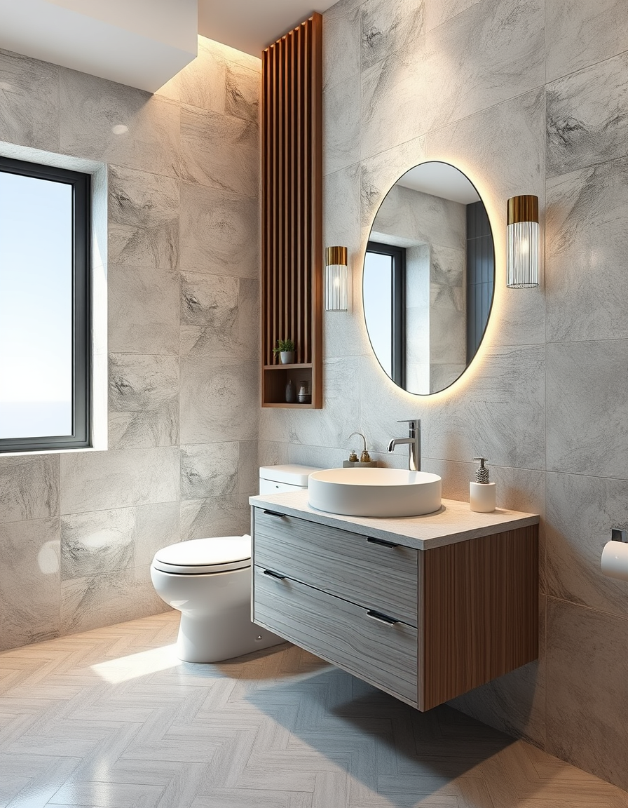 Bathroom Design idea: AI bathroom design, tiled surfaces vanity and fixtures, photorealistic interior render, bathroom , bathroom remodel visualization