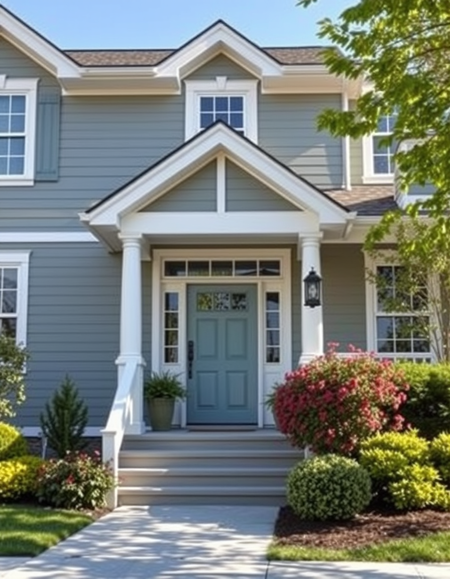 Exterior Paint idea: home exterior paint visualization, preserve architecture and landscaping, recolor siding trim and front door, paint my home , realistic exterior paint