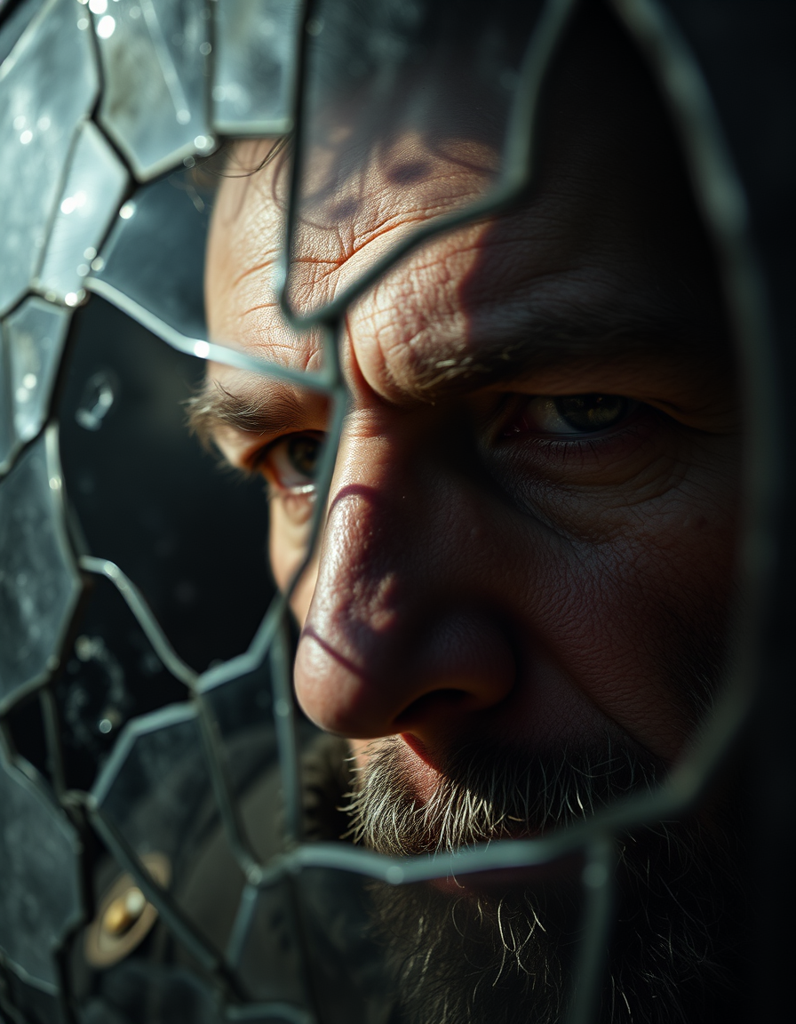 AI Painting prompt example created from the prompt: Close-up of a weary man’s face half in shadow, staring into a cracked mirror