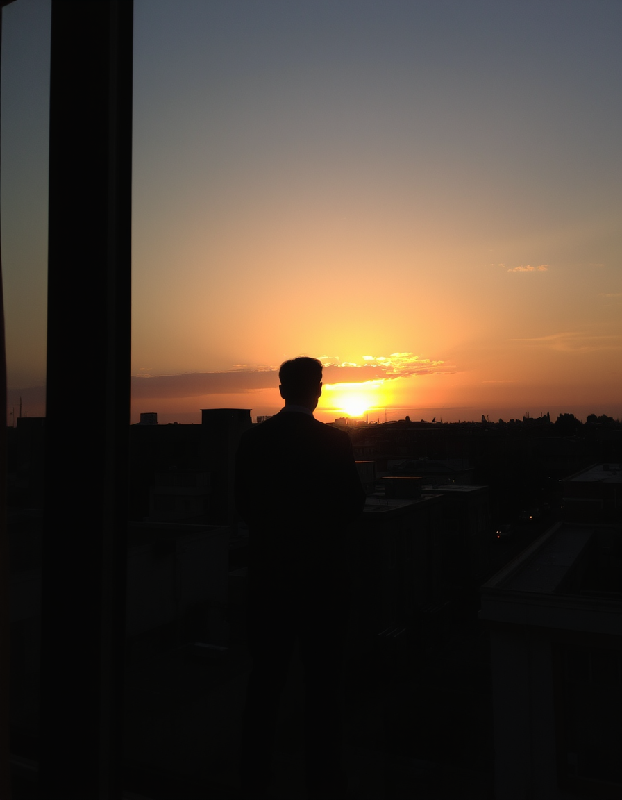 Main painting studio: A lone figure stands by the window, watching the last light spill across the rooftops. The city moves below — cars passing, distant voices, windows sl