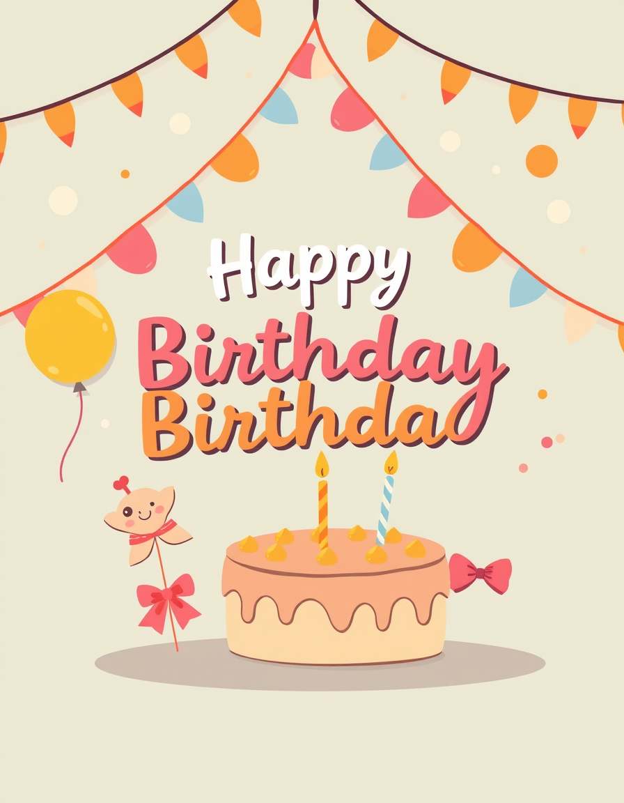 Greeting Cards idea: greeting card design, warm illustration, space for message, Birthday greeting card front page featuring a birthday party design, cartoon style. , prin
