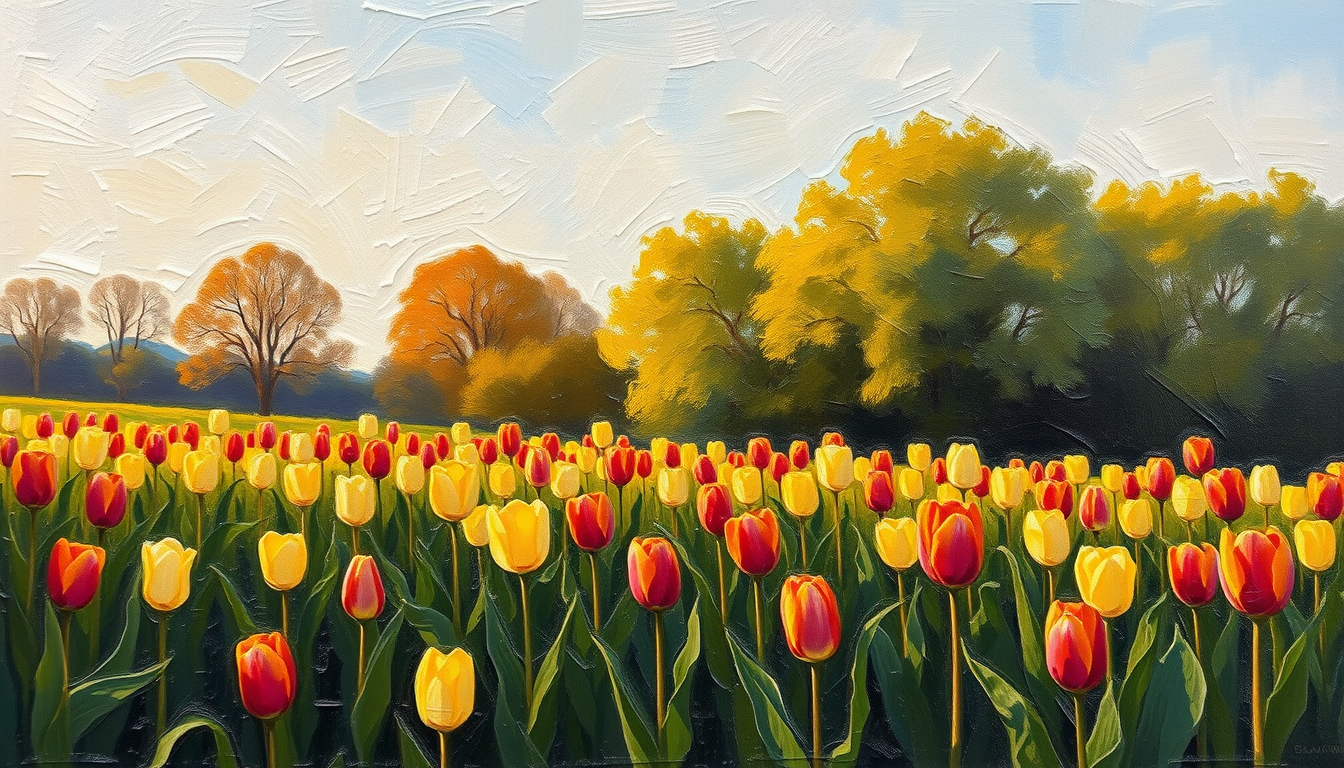 Oil Painting idea created from the prompt: oil painting style, rich textures, brushstrokes, impasto technique, generate an oil painting of a tulip field with heavy brush stroke and im