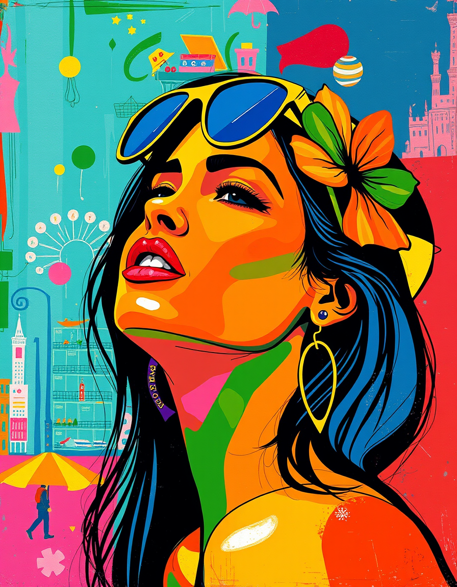 Main painting studio: abstract Pop art illustration, in the style of Francois Gilot, The girl from Ipanema Brazil, colorful --chaos 75 --ar 4:5 --style raw --profile rsy689