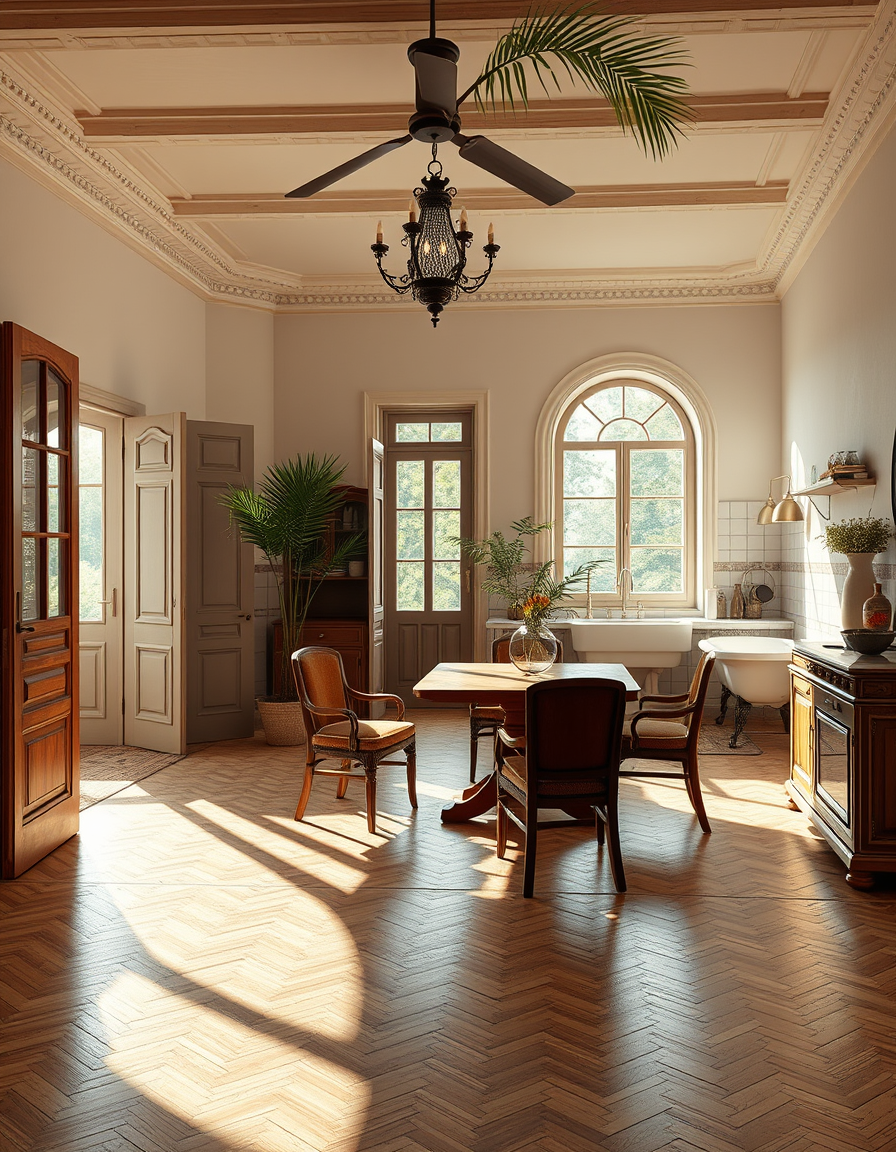 Room Design idea: AI room design, full room layout furniture and lighting, photorealistic interior render, Altbauwohnung, Höhe Räume, alter Parkettboden, Stuckdecken, T