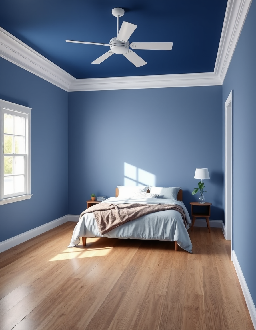Paint Color idea: room repainted in a new wall color from the photo, accurate paint finish, photorealistic interior render, empty bedroom with sapphire earbobs paint on