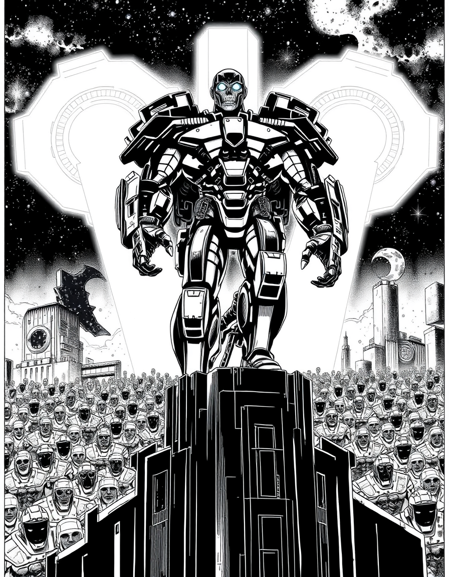 Comic Art idea: comic art, bold ink lines, halftone shading, dynamic composition, Comic book art of a giant powerful cyborg villain standing on top of a futuristic bu