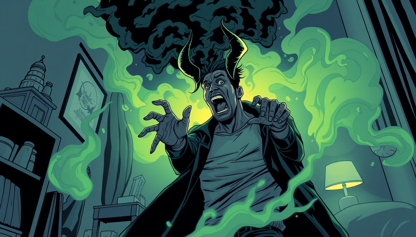 Main painting studio: Draw an image in dc comic art style in which black smoke deamon is grabbing a man and the man looks very terrified. It should be a night time in the f