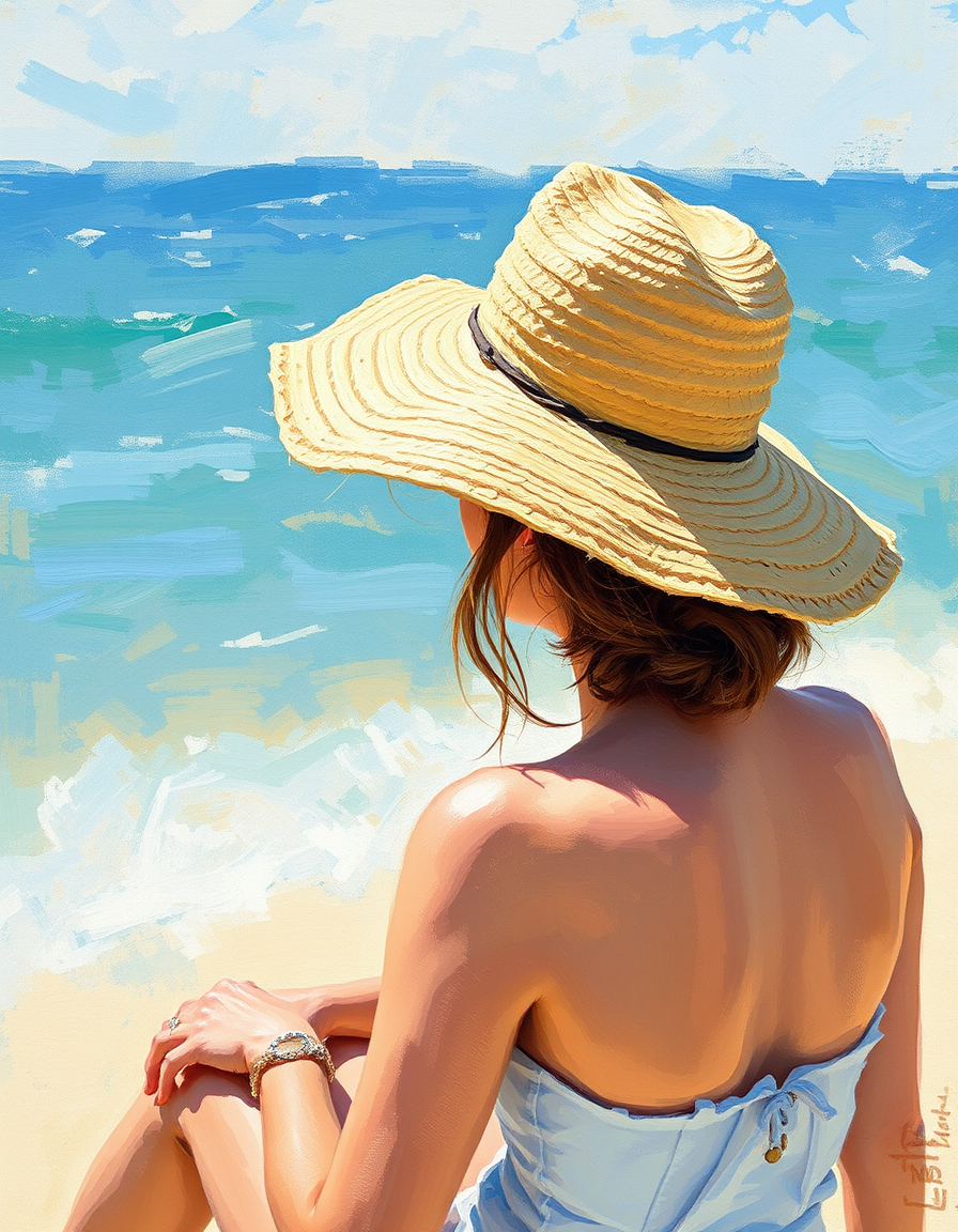 Main painting studio: impressionist beach scene, straw hat, loose visible brushstrokes, summer light