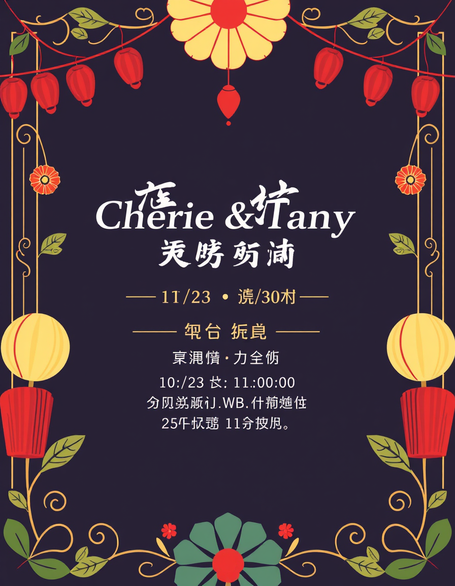 Invitation idea: party invitation design, festive layout, decorative border, space for event details, 金色手寫字體與象牙白花卉邊框的婚禮邀請函 Cherie & Tony 日期：10/23 時間：11:00 地點：大安區戶政事務所 