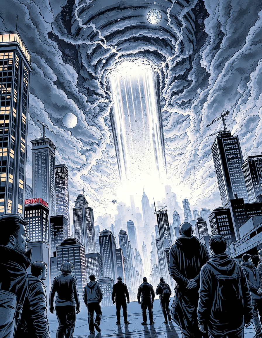 Comic Art idea: comic art, bold ink lines, halftone shading, dynamic composition, A cinematic comic-book panel showing a futuristic city at night, enormous skyscraper
