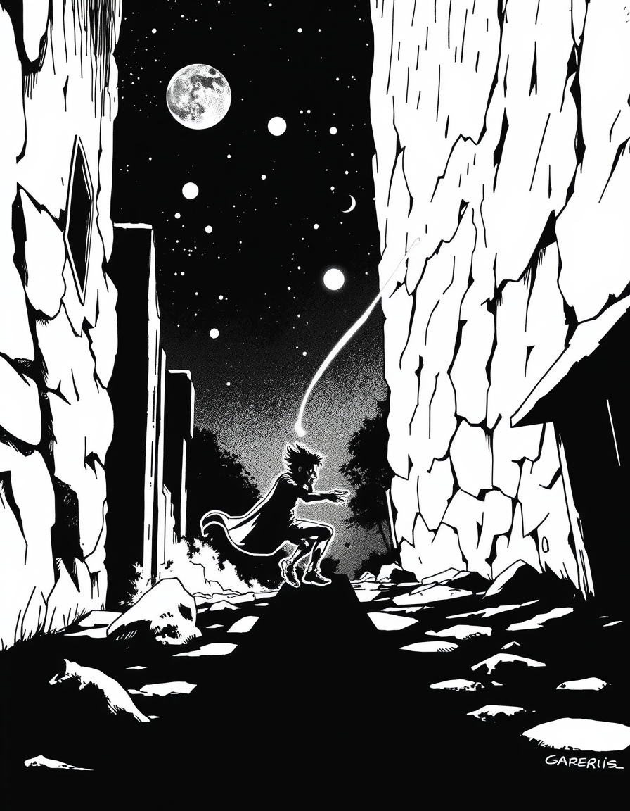 Comic Art idea: comic art, bold ink lines, halftone shading, dynamic composition, UN NIÑO CAMINANDO SOLO EN LA NOCHE TODO QUE ESTE OSCURO Y TENEBLOSO , graphic novel