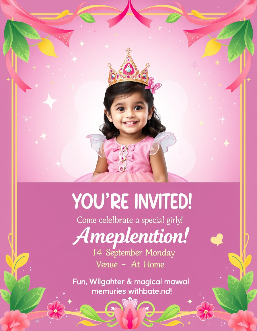 Invitation idea: party invitation design, festive layout, decorative border, space for event details, “Cute magical princess birthday invitation for little girl Anvi M