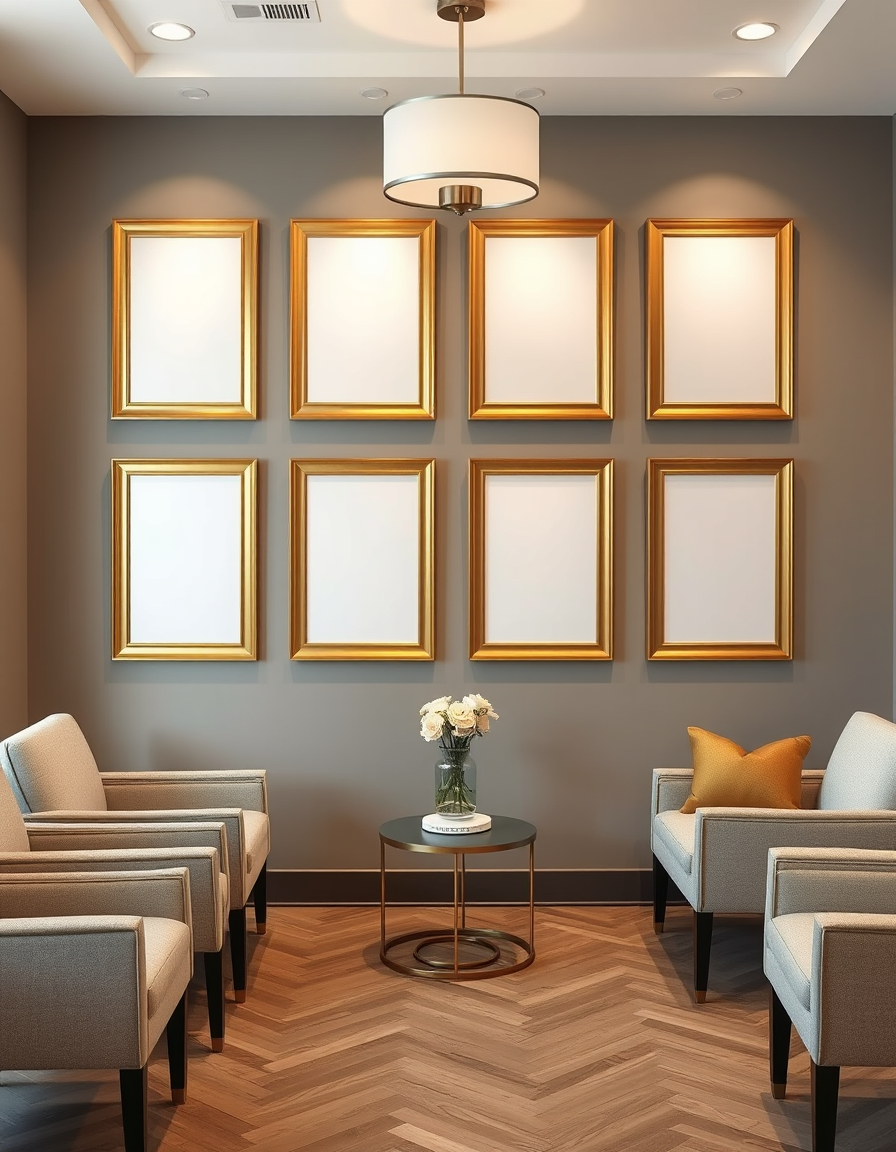 Main painting studio: mock up of a medspa with transitional decor with blank picture frames on the walls in gold accents to introduce staff to customers - seating for six -