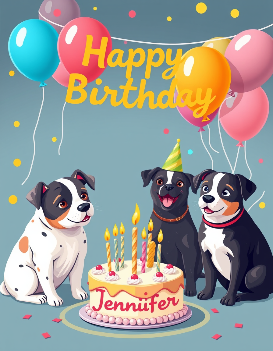 Birthday Cards idea: birthday card design, cheerful festive artwork, space for greeting, colorful ballons and cake with candles, festive and 4 dogs wishing happy birthday