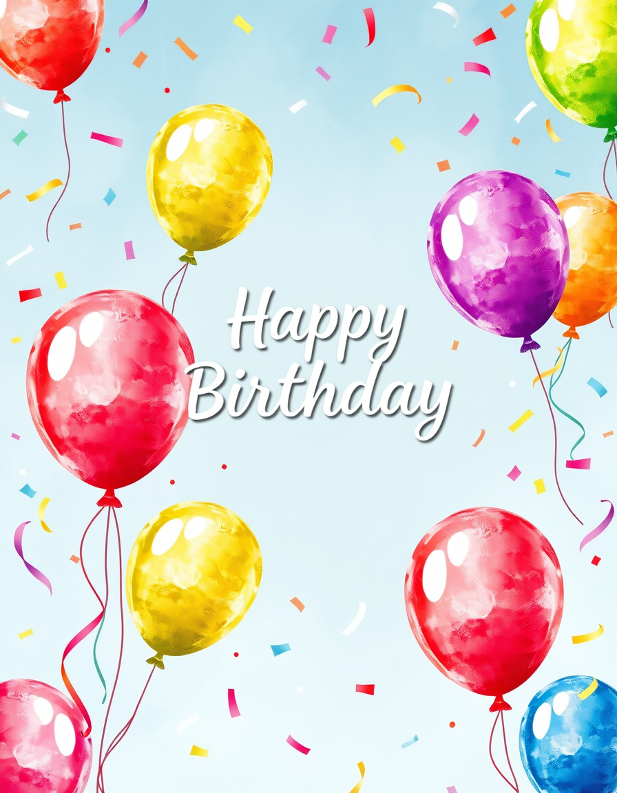 Birthday Card idea created from the prompt: birthday card design, cheerful festive artwork, space for greeting, colorful balloons and confetti, watercolor style, bright and festive , p