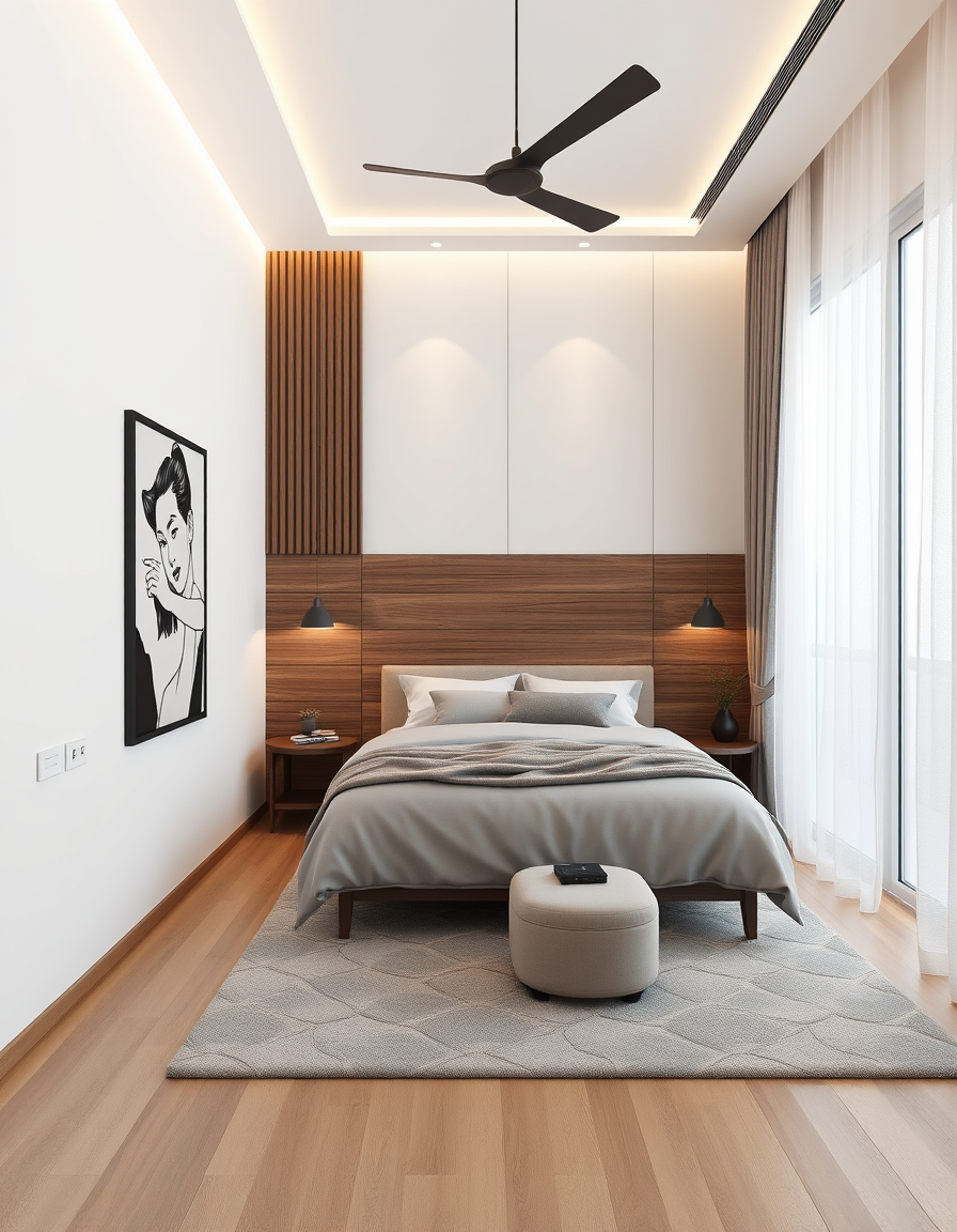 Room Design idea: AI room design, full room layout furniture and lighting, photorealistic interior render, diseña una habitacion en 2D de 25mts cuadrados, en la pared d