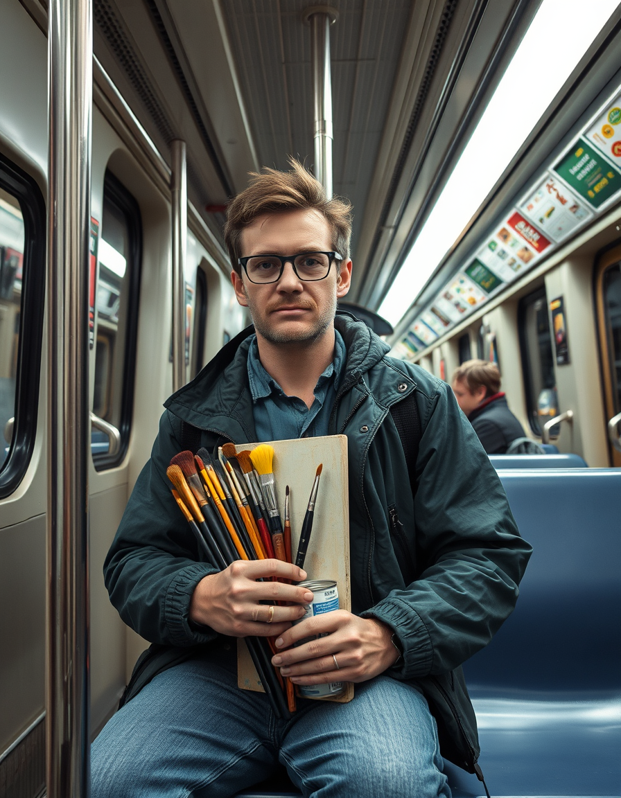 Main painting studio: Male painter traveling on subway with all brushes and paint cans and no canvas