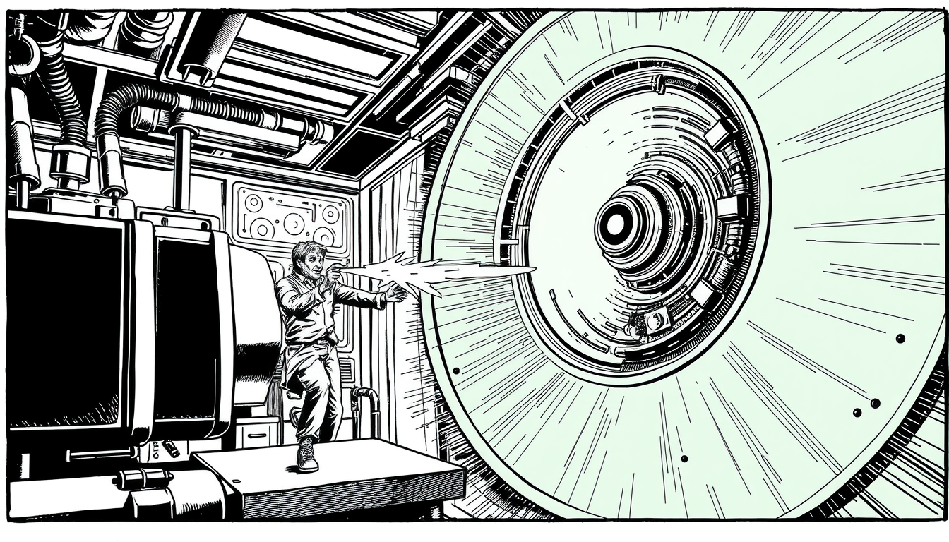 Comic Art idea: comic art, bold ink lines, halftone shading, dynamic composition, A guy see a laboratory the guy enter the science guy do experience on humain the guy