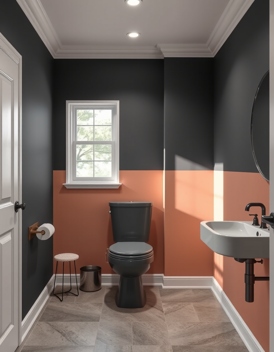 Paint Color idea: room repainted in a new wall color from the photo, accurate paint finish, photorealistic interior render, toilet painted with deep charcoal with walls