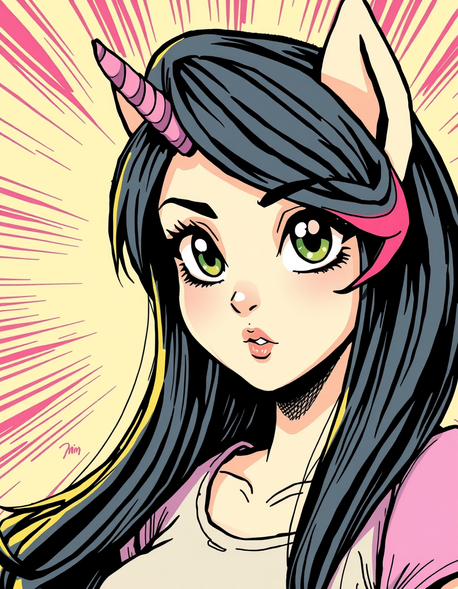 Comic Art idea: comic art, bold ink lines, halftone shading, dynamic composition, Eine weibliche Figur mit vibe von winx oder my Little Pony, ein Mädchen mit mittelbr