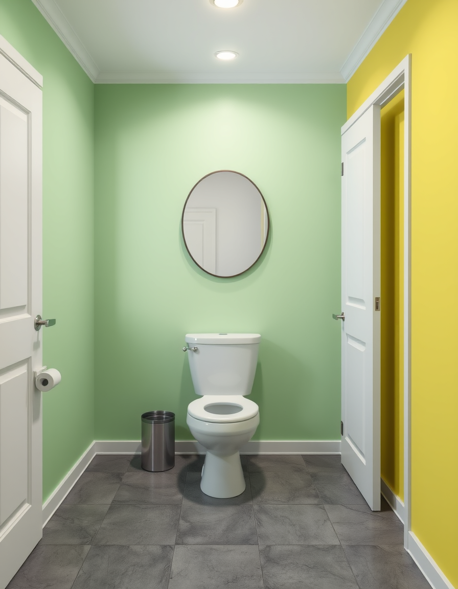 Paint Color idea: room repainted in a new wall color from the photo, accurate paint finish, photorealistic interior render, toilet painted with grey flooring, one full
