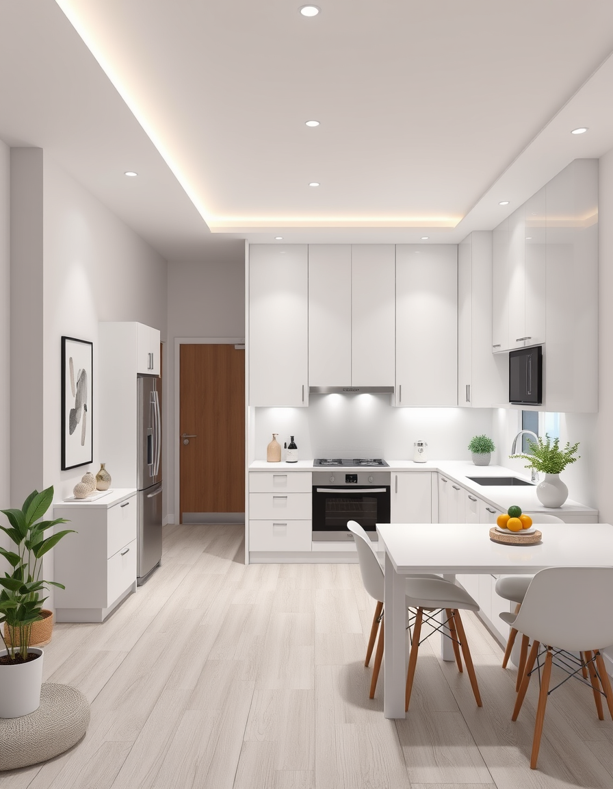 AI Room Design idea created from the prompt: AI room design, full room layout furniture and lighting, photorealistic interior render, Modern kitchen with bright white cabinets, white co