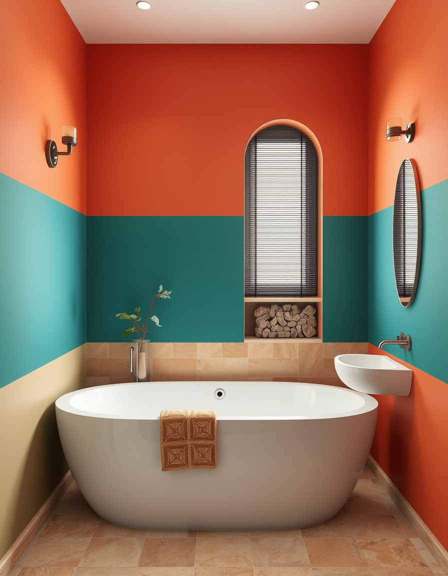 Paint Color idea: room repainted in a new wall color from the photo, accurate paint finish, photorealistic interior render, a bathroom with terracotta walls, matte fini