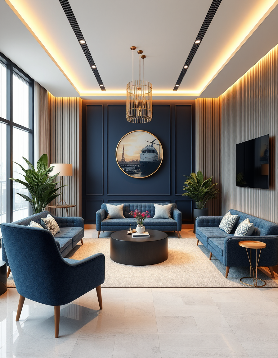 Interior Design idea: AI interior design, cohesive furniture layout decor and lighting, photorealistic interior render, “small travel agency office, navy blue and gold, pre