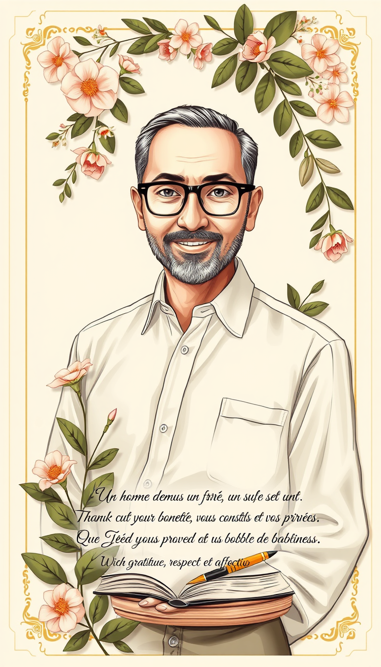 Main painting studio: Luxury vertical gift card, ivory, beige, olive, gold. Monsieur Naserdin: tall, full rectangular face, Japanese eyes, glasses, very little hair, clean-