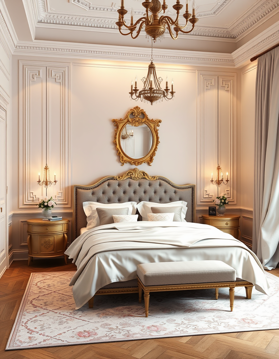 AI Bedroom Design idea created from the prompt: AI bedroom design, bed layout decor and lighting, photorealistic interior render, romantic French bedroom with upholstered headboard, silk d