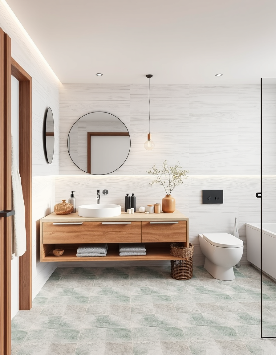 Bathroom Design idea: AI bathroom design, tiled surfaces vanity and fixtures, photorealistic interior render, Küstenbad mit weißen Holzpanelen, Seeglasfliesen und natürlich