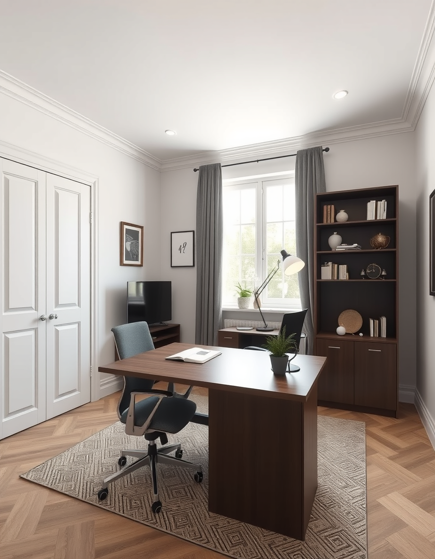 Virtual Staging idea: virtually staged empty room from the photo, tasteful furniture and decor added, photorealistic interior render, un bureau à domicile vide meublé avec